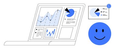 Dizüstü bilgisayarda grafikler, grafikler ve başarıyı sembolize eden mutlu bir yüz ile birlikte raporlar gösteriliyor. Analiz, iş, ilerleme, büyüme, finans, teknoloji kullanıcısı memnuniyeti için idealdir.
