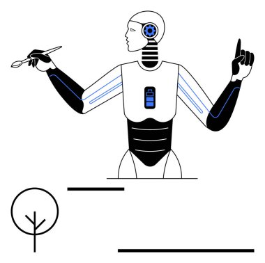 Bataryaları ve dişlileri olan, fırçayı tutan ve yukarıya bakan insan şeklinde bir robot. Yenilik için ideal, yapay zeka, robot bilimi, sürdürülebilirlik, yaratıcılık, teknoloji gelecek tasarımı. Düz basit metafor