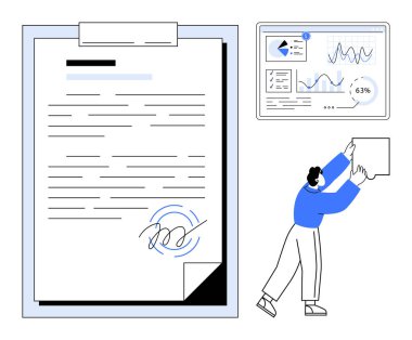 Büyük imzalı belge, etkileşimli veri tabloları ve bir görüntü yerleştiren kişi. İş, takım çalışması, sunum, finans, iş akışı, dijital araçlar için ideal düz metafor