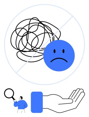 Hüzünlü bir yüzle karışık karalamalar, stresi simgeliyor. El uzatma, destek teklif ediyorum. Büyüteçle bakmak çözüm bulmak anlamına gelir. Akıl sağlığı ve sorun çözme için ideal