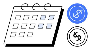Seçilen tarihler ve finansal planlama gereksinimlerini vurgulayan iki dolarlık simgelerle takvim. Bütçe, tasarruf, fatura takibi, planlama, finans, teslim tarihleri, gelir planlaması için ideal. Düz basit