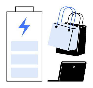 Yıldırım, alışveriş poşetleri ve dizüstü bilgisayarla şarj edilen akü dijital alışverişte e-ticaret ve enerji yönetimine işaret ediyor. Dijital dönüşüm için ideal, verimlilik, sürdürülebilirlik, çevrimiçi
