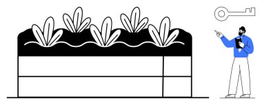 Bitkilerle dolu yükseltilmiş bir bahçe yatağı. Bir anahtar ikonu işaret eden bir profesyonelle eşleştirilmiş. Tarım, sürdürülebilirlik, eğitim, çevre dostu uygulamalar, bahçıvanlık tavsiyeleri, çevre