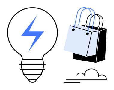 Mavi yıldırımlı ampul, alışveriş torbaları ve şekillendirilmiş bulut. Perakende, alışveriş, yenilik, enerji verimliliği, modern ticaret, sürdürülebilirlik tüketici eğilimleri için idealdir. Soyut satır düzlüğü