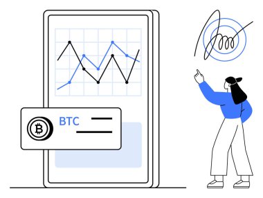 Hareketli ekranda grafik ve stilize eğri ile Bitcoin fiyat eğilimlerine işaret eden bir kadın. Kripto para birimi, engelleme zinciri, mali analiz, ticaret, yatırım, fintech, dijital ekonomi için ideal