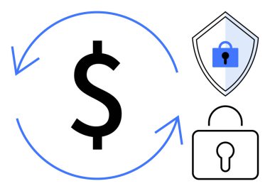 Mavi oklu büyük dolar işareti daire oluşturuyor, kilidi olan kalkan ve asma kilit simgesi. Finans, güvenlik, fintech, şifreleme, ticari istikrar, tasarruf ve dijital işlemler için ideal