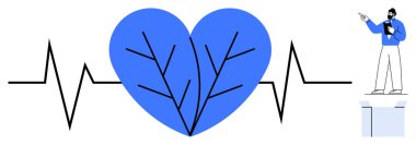 Vasküler dalları olan mavi kalp ECG hattıyla bütünleşmiş ve sağlık hizmeti konseptini sunan kişi. Sağlık, sağlık, kardiyoloji, kalp masajı, tıp eğitimi, eğitim ve farkındalık için ideal. Düz