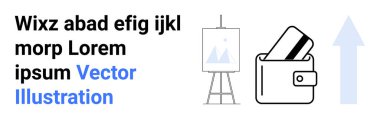 Cüzdanında kredi kartı, yukarı doğru ok ve resim sehpası var. Finans, bankacılık, yatırım, iş büyümesi, yaratıcılık sanat portföyü için ideal. İniş sayfası
