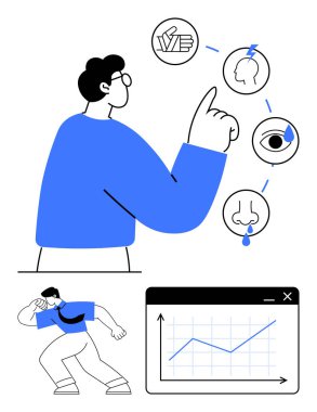 Dokunma, görme, koklama, hapşırma sahnesi ve grafik analizi için duyusal simgelere doğru bireysel hareketler. Sağlık, alerji, duyusal çalışma, tıbbi analiz eğitimi için ideal