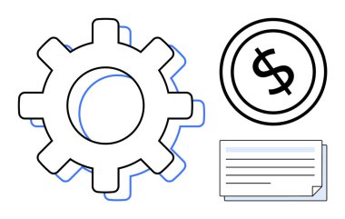 İşlemleri sembolize eden dişli, mali işler için dolar işareti, ve kayıtlar için belge veya planlar. İş planlama, işlemler, finans, yatırım, strateji iş akışı verimliliği için idealdir. Düz basit