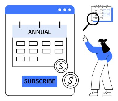Abone düğmesiyle yıllık takvim arayüzü, büyütülmüş takvimi inceleyen kullanıcı ve iki dolarlık simgeler. Abonelik yönetimi, planlama, ödemeler, uygulamalar, finans, pazarlama, daire sade için ideal