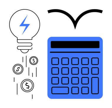 Ampuller bozuk para salıyor, içinde parlak şimşekler, mavi hesap makinesi, soyut kuş sembolü. Yaratıcılık, finans, yatırım, yenilik bütçesi eğitim stratejisi için idealdir. Düz basit