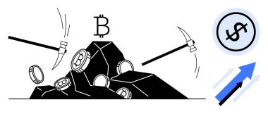 Kazmalar, Bitcoin sembolleri, bozuk paralar, yukarı doğru ok ve dolar işareti ortaya çıkarmak için taşları kırıyor. Kripto para birimi, engelleme zinciri, finans büyümesi, madencilik, yatırım ekonomisi için ideal düz metaforlar