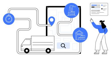 Teslimat kamyonu haritalı bir güzergahta, fabrika ve depoya bağlı konum işaretleri var. Lojistik verileri analiz eden kişi. Tedarik zinciri yönetimi, teslimat takibi, iş lojistiği için ideal