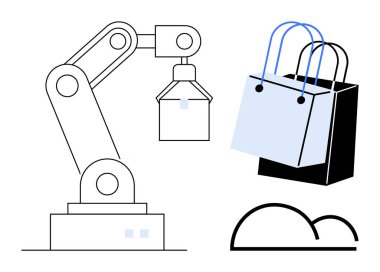 Alışveriş poşetlerinin yakınındaki bir paketle ilgilenen robot kol perakende ve e-ticarette otomasyon öneriyor. Teknoloji, verimlilik, yenilik, modern alışveriş, kolaylık, e-ticaret eğilimleri için ideal