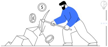 Kazmayla taş kıran işçiler, blok zinciri, kripto madenciliği, zenginlik yaratımı, yenilik, teknoloji, iş stratejisi, finansal keşifleri sembolize etmek için para birimi işaretleri yayınlıyorlar. Düz basit