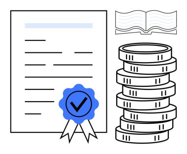 Yığınla bozuk para ve açık bir kitabın yanında mavi rozetli sertifikalı kağıt. Yasal, finansal hizmetler, eğitim, yatırım, güven, sertifika ve belgeler için idealdir. Düz basit metafor