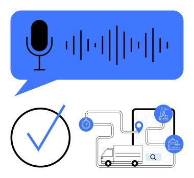 Sohbet balonunda mikrofon ve ses dalgası, konum haritalama, kamyon, kronometre ve görev tamamlama işaretleri. Lojistik, dağıtım, güzergah planlaması, teknoloji verimliliği navigasyonu için ideal