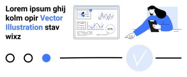 İş kadını ekrandaki veri grafiklerine işaret ediyor, elinde tablet var. Grafikler, analitik grafikler, soyut elementler. İş, pazarlama, teknoloji, eğitim sunumları için ideal tasarım analizi