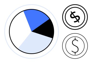 Dairesel pasta grafiği iki dolarlık işaret simgeleriyle bölümlere ayrılır. Finans, bütçe, yatırım, ekonomi, veri görselleştirme, maliyet analizi, ticaret için idealdir. Düz basit metafor