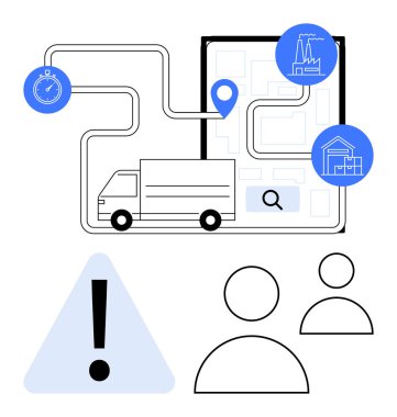 Uyarı simgesi ve kullanıcılarıyla birlikte dijital haritada fabrikaya ve depoya giden kamyon rotası. Lojistik, dağıtım, güzergah planlaması, tedarik zinciri, uyarı sistemleri, ulaşım, programlar için ideal