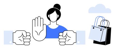 Kadın, kenetlenmiş iki el, bulanık bir arka plan ve alışveriş torbaları arasında el kaldırır. Tüketici farkındalığı için ideal, baskıya direniş, mali kontrol, tüketim karşıtlığı