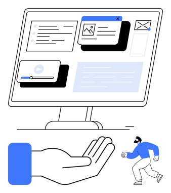 Çoklu ortam içeriğini gösteren büyük bir monitör, bir el sembolü ve çalışan bir kullanıcı ise erişilebilirlik, iş akışı ve dijital dengeyi ön plana çıkarıyor. Teknoloji, kullanıcı deneyimi, etkileşim ve yaratıcılık için ideal