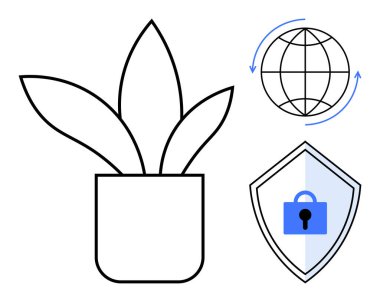Saksı bitkisi ikonu, oklu dünya ve güvenlik, büyüme ve küresel bağlantıyı vurgulayan bir kalkan kilit ikonu. Çevre koruma, siber güvenlik, sürdürülebilirlik ve küresel erişim için ideal