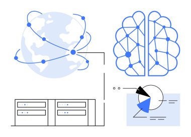 Ağ hatları, sinir ağı beyni, bağlı sunucular ve analitik şeması olan bir dünya. Yapay zeka, makine öğrenimi, veri bilimi, küresel teknoloji, yenilik bulut hesaplaması için idealdir.
