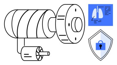 Şematik akciğer diyagramına bakan tıbbi görüntüleme makinesi ve kalkanda asma kilit. Sağlık teknolojisi, tıbbi güvenlik, veri gizliliği, yenilik, güvenlik standartları, siber güvenlik, tıbbi