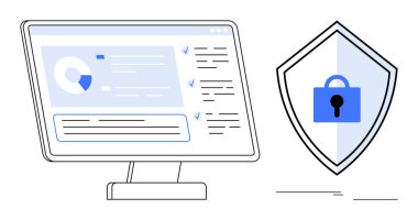 Masaüstü ekranı kontrol listeli veri ve grafikleri gösterir. Güvenlik için asma kilidi olan kalkanın yanında. Veri koruması, çevrimiçi güvenlik, iş analizleri, siber güvenlik, ağ güvenliği için ideal