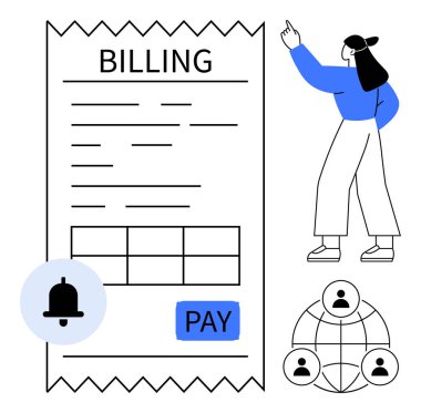 Fatura bildirimi, bildirim zili, bireysel işaret ve bağlı kullanıcılar. Muhasebe, finans, abonelik, ağ oluşturma, iletişim dijital ödemeleri anımsatıcıları için ideal