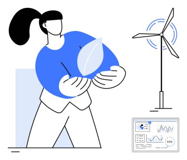 Rüzgar türbini ve veri analizlerinin yanında ekolojik bilinci sembolize eden bir yaprak tutan kadın. Sürdürülebilirlik, yenilenebilir enerji, yenilik, veri içgörüsü, eko-teknoloji için ideal