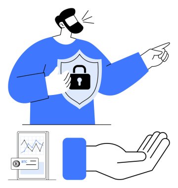 Kilitli bir kalkan tutan adam güvenliği arttırıyor, ileri doğru işaret ediyor. Bitcoin grafiğini gösteren telefon, destek için açık el sembolü. Fintech, güvenlik, engelleme zinciri, finans, savunma güvenliği için ideal
