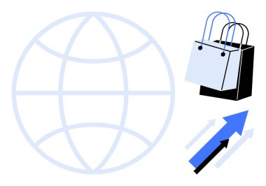 Küresel erişimi temsil eden dünya çizgisi, e-ticareti sembolize eden alışveriş torbaları, büyümeyi gösteren yukarı doğru oklar. Temalar için ideal İnternet alışverişini, pazar büyümesini, iş büyümesini, çevrimiçi