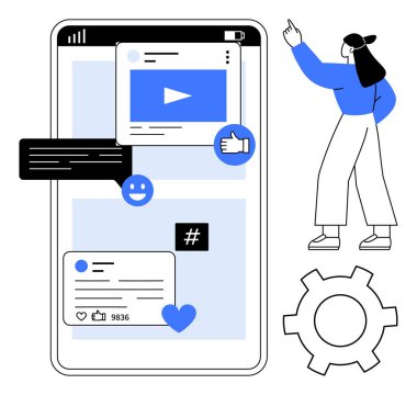 Cep telefonu arayüzünde medya oynatıcısı, yorumlar, başparmak yukarı düğmesi, duygu tepkileri, ayarlar takımı ve üstveri etiketi yer alıyor. Telefon ekranını gösteren bir kadın. Sosyal medya ve dijital ortam için ideal