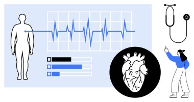 Kalp atışı monitörü, kalp diyagramı, steteskobu olan insan silueti ve verileri analiz eden doktor. Sağlık, kardiyoloji, teşhis, sağlık, tıbbi teknoloji araştırma ve tedavi için ideal