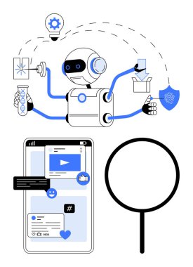Görevleri tamamlayan robot, analiz için sosyal etkileşim büyüteç için bilim, yapay zeka ve güvenlik mobil uygulama arayüzünü onaylıyor. Teknoloji, otomasyon, yapay zeka, bilim ve araştırma için ideal.
