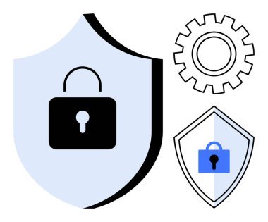 Mavi kalkanda siyah kilit ikonu ve mavi kilidi olan ikinci kalkan. Siber güvenlik, koruma, gizlilik, teknoloji, güvenlik, savunma, sistem güvenliği soyut metaforu için ideal