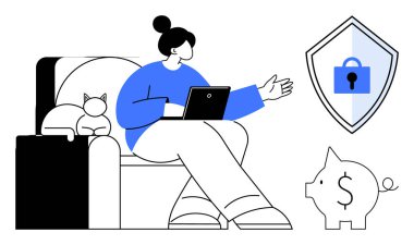 Yanında kedisi olan bir dizüstü bilgisayar kullanan bir kadın ev düzenini işaret ediyor. Kalkan ikonu asma kilidi içerirken domuz kumbarası tasarrufu temsil ediyor. İş-yaşam dengesi ve uzak çalışma için ideal