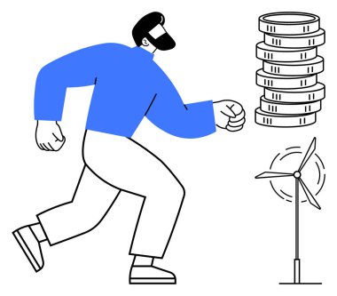 Madeni paralara ve rüzgâr türbinlerine doğru yürüyen adam, finansal ilerlemeyi ve temiz enerjiyi simgeliyor. Sürdürülebilirlik, finans, yatırım, yenilenebilir enerji, ilerleme, iş büyüme ekolojisi için ideal. Düz