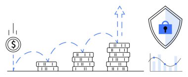 Madeni paraların birikmesi büyümeyi gösterir, kalkan değeri ve yükselen bir çizgi grafiği vardır. Finans, yatırım, tasarruf, büyüme, güvenlik ve başarı koruması için ideal. Soyut çizgi düz metafor