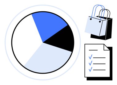 Üç bölümlü turta şeması, saplı iki alışveriş çantası ve mavi işaretli kontrol listesi. Perakende ölçümleri, iş analizi, ürün performansı, alışveriş eğilimleri, görev yönetimi için ideal