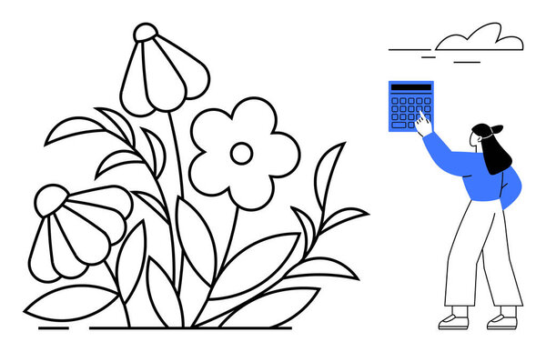 Женщина в современном наряде взаимодействует с калькулятором рядом с большими цветочными элементами и простым линейным искусством. Идеально подходит для природы, технологической интеграции, экобизнеса, образования, финансов и т.д.