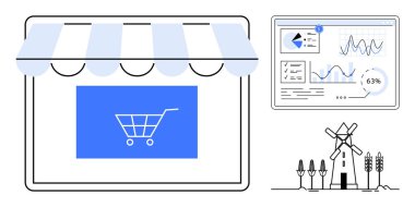 Bir alışveriş arabası, grafikler, ölçümler, yel değirmenleri ve bitkilerin yer aldığı analitik gösterge paneli ile çevrimiçi mağaza önü. Çevrimiçi satış, veri analizi, sürdürülebilirlik, yenilik ve yenilenebilir enerji için ideal