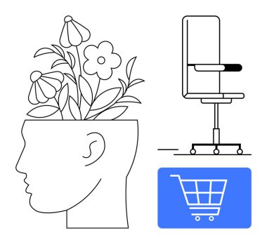 Çiçek yetiştiren bir insan kafası profili yanında ergonomik sandalye, alışveriş arabası ikonu. Fikirler, ilham, yenilik, refah, e-ticaret iş-yaşam dengesi yaratıcılık için idealdir. Düz basit