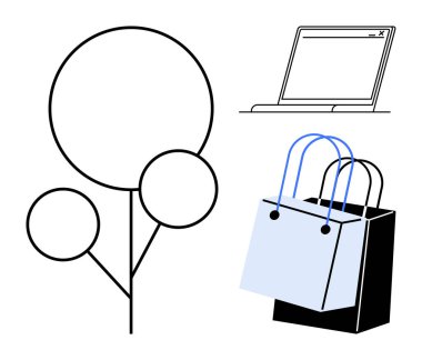 Laptop sağ üstte, iki alışveriş torbası sağ ortada, soyut ağaç sol tarafta. E-ticaret, çevrimiçi alışveriş, modern perakende, dijital pazarlama, çevre bilinci, teknoloji tüketicisi için ideal