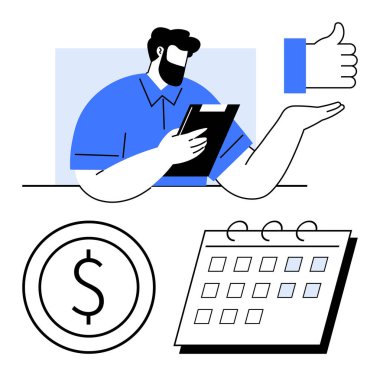 Elinde veri analiz eden adam, para işareti, çizelge, onay el hareketi. İşletme, finans yönetimi, planlama, danışmanlık, değerlendirme girişimcilik sade metaforu için idealdir