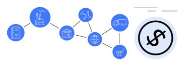 Endüstriyel fabrika, depo, uçak, kamyon, alışveriş arabası, dolar işareti ve dünya bağlantılı. İkmal zinciri, lojistik e-ticaret küreselleşme ekonomi ticareti için idealdir.