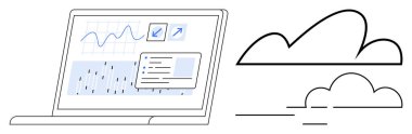 Grafik analizi, grafik çizelgesi, yukarı doğru eğilim oku, simgeler ve bulut çizimleriyle dizüstü bilgisayar ekranı. Veri görselleştirme, bulut hesaplama, üretkenlik, iş büyüme sistemi yönetimi yeniliği için ideal